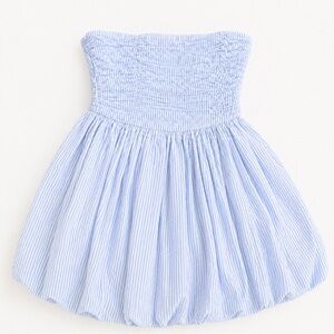 Sincerely Jules Light Blue Pinstripe Strapless Smocked Mini Dress